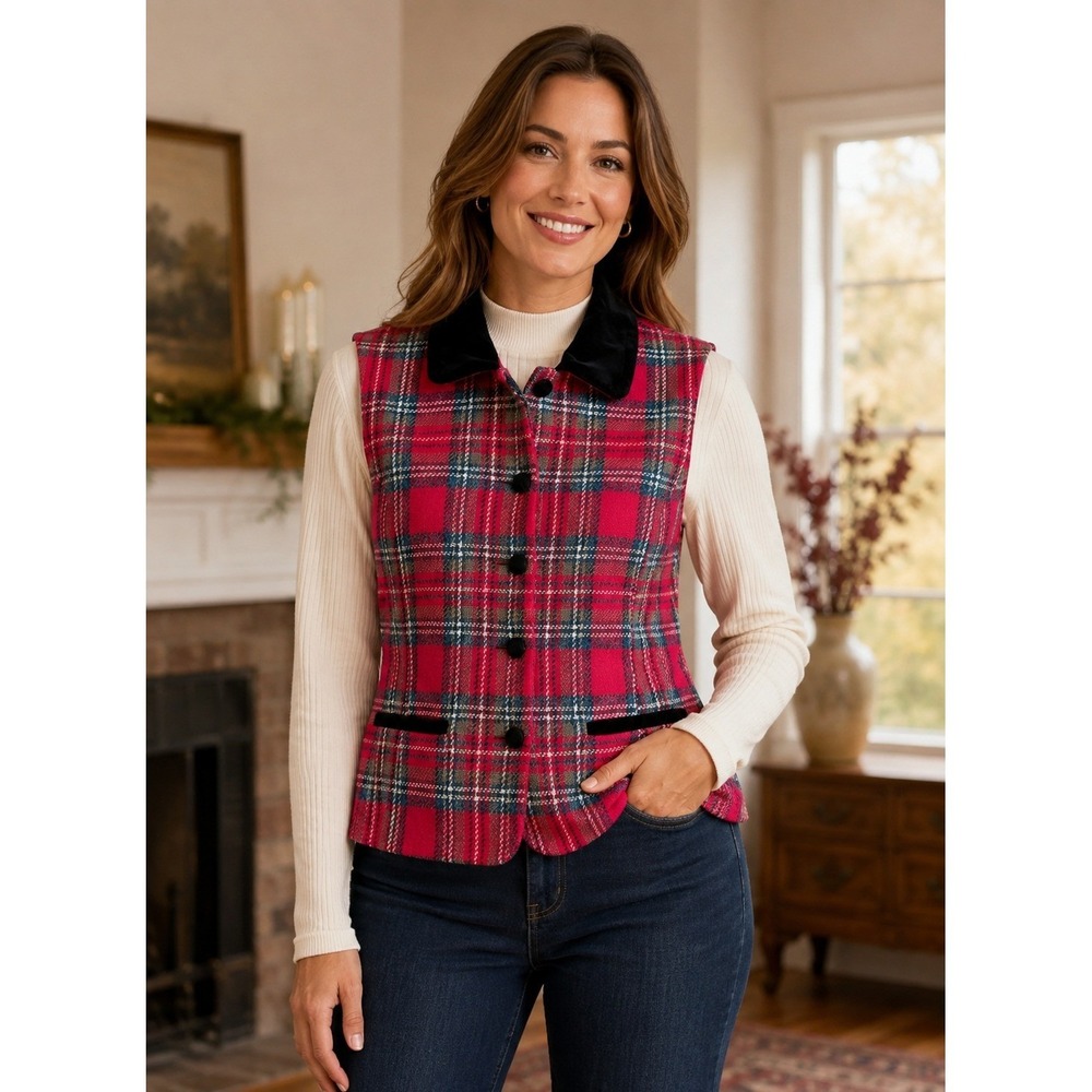 Hunt Club Vintage Red Plaid Wool Vest Velvet Collar Equestrian Preppy Holiday 10